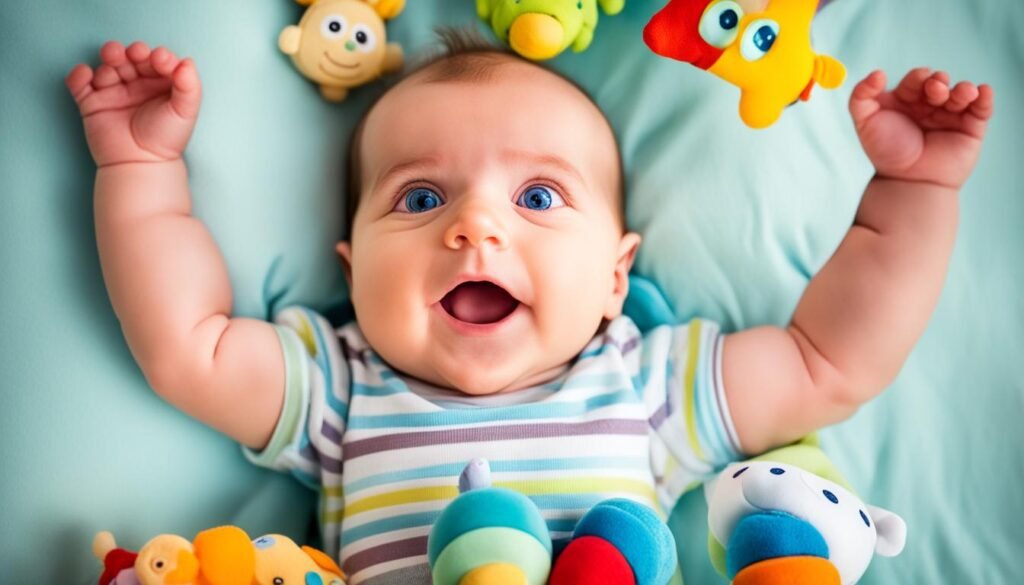 newborn playing with toys